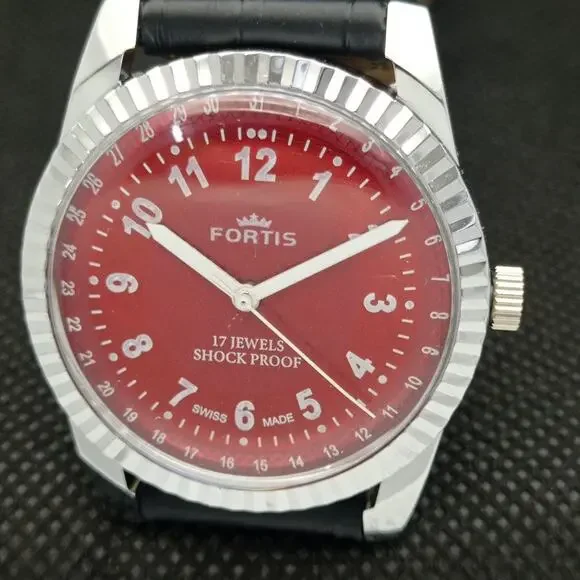Vintage 1976 Fortis Manual Mens Silver Watch W/Leather Strap & Red accents - Picture 3 of 8
